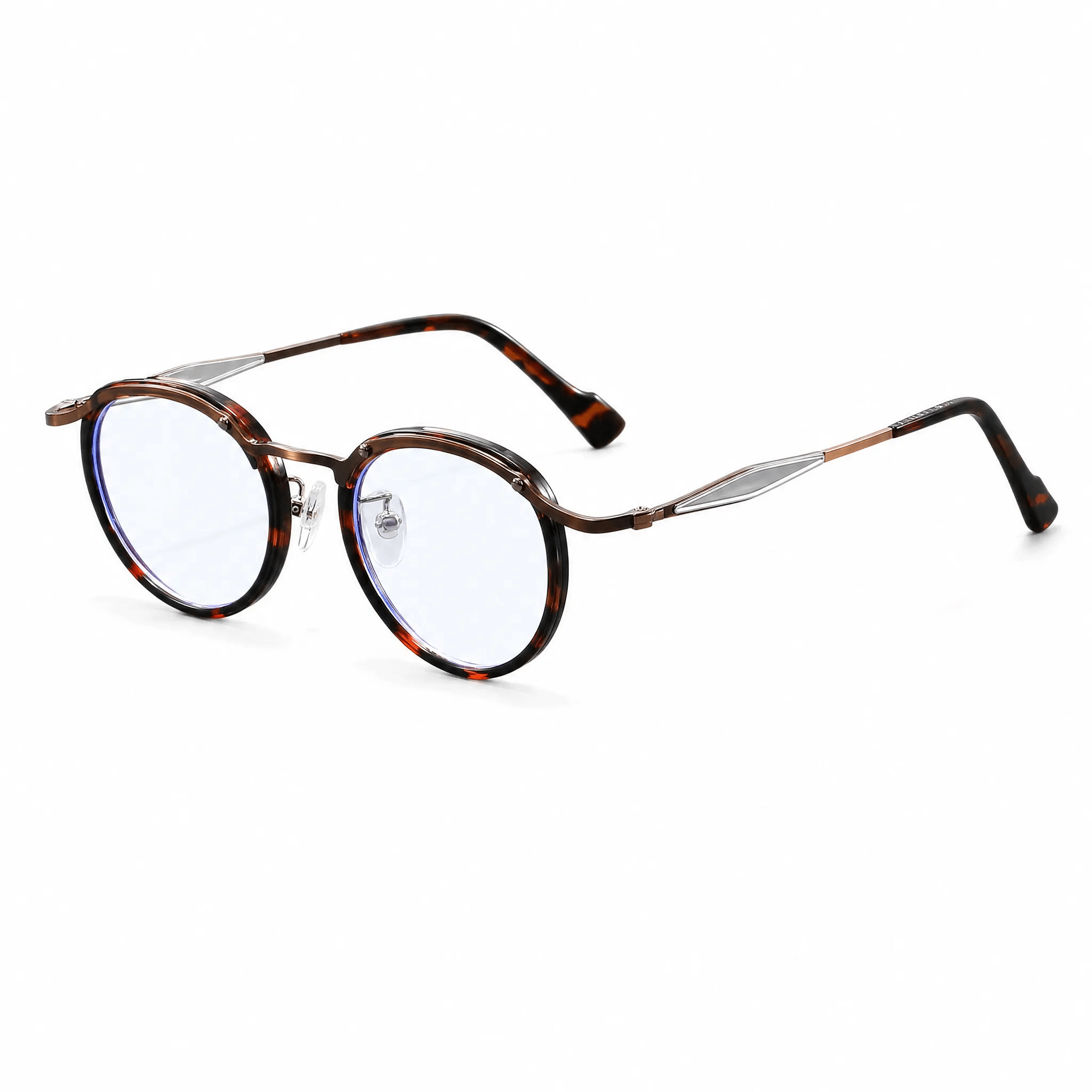 VELOPT-B114 intellectual round blue light blocking glasses with a brown tortoise rim lining and matching rose gold metal accents