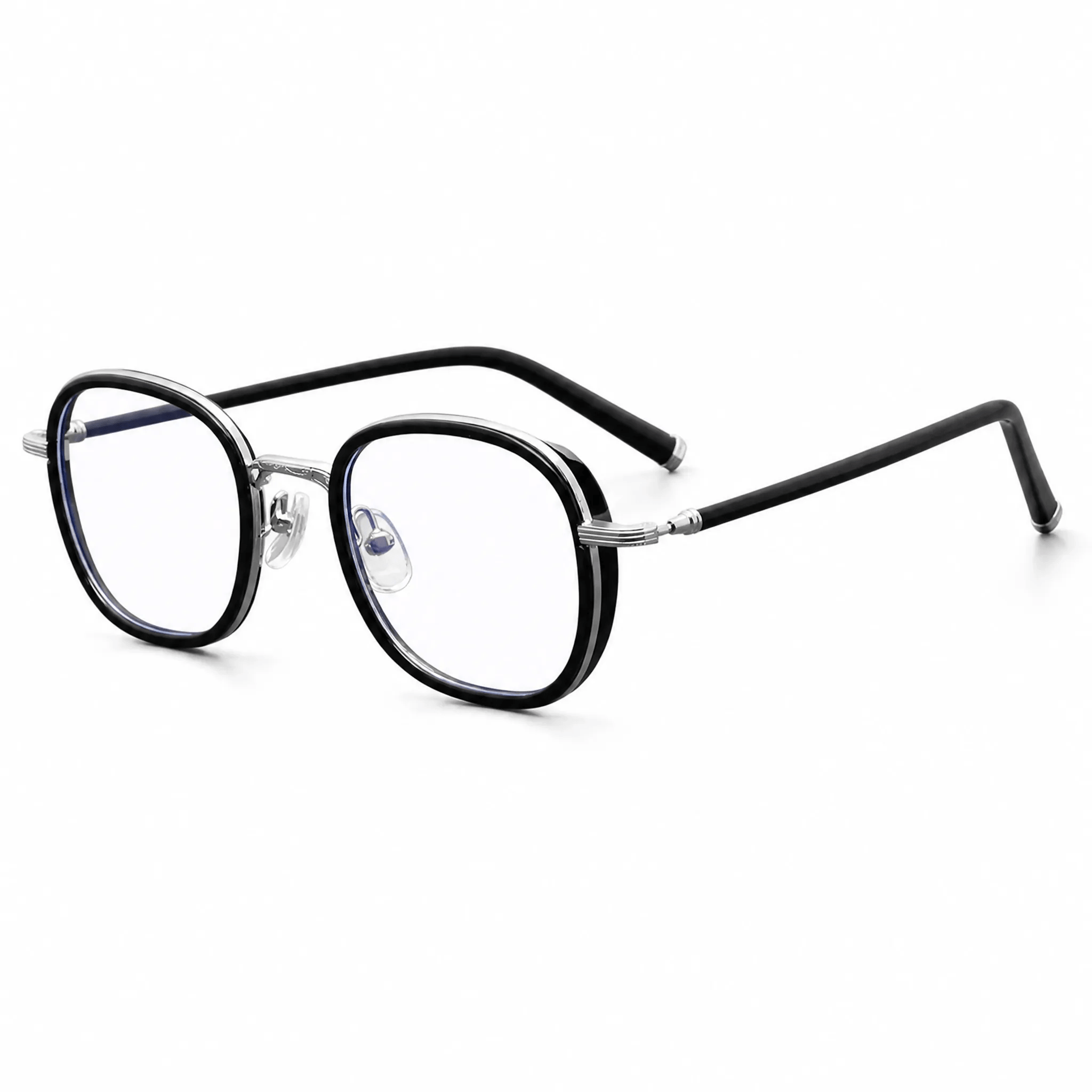 VELOPT-B111 bold square black PC prescription glasses with integrated nose bridge and technical size chart
