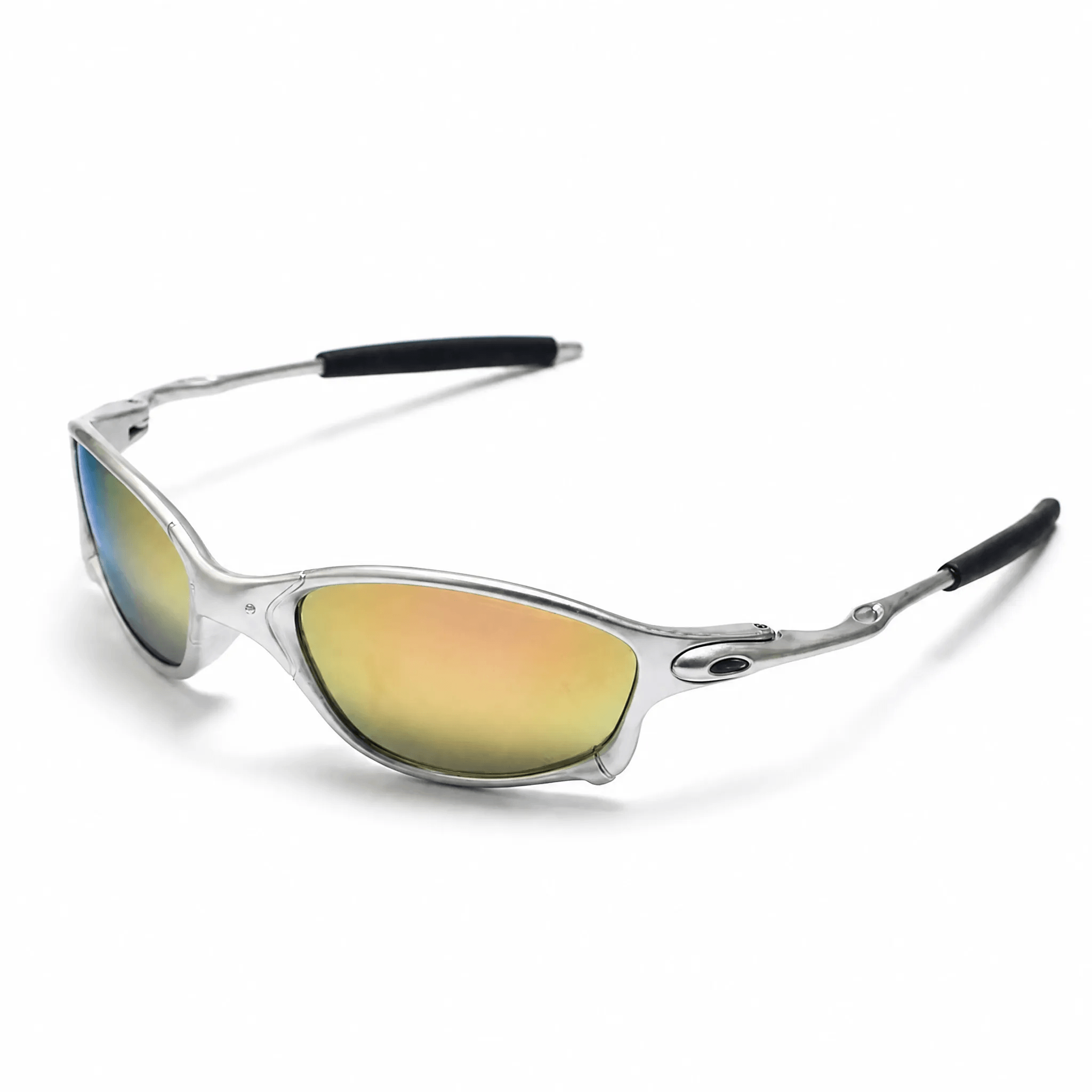 VELSUN-106 tactical wrap around metal sunglasses in black with high-reflection ocean blue mirrored lenses and blue rubber ear grips