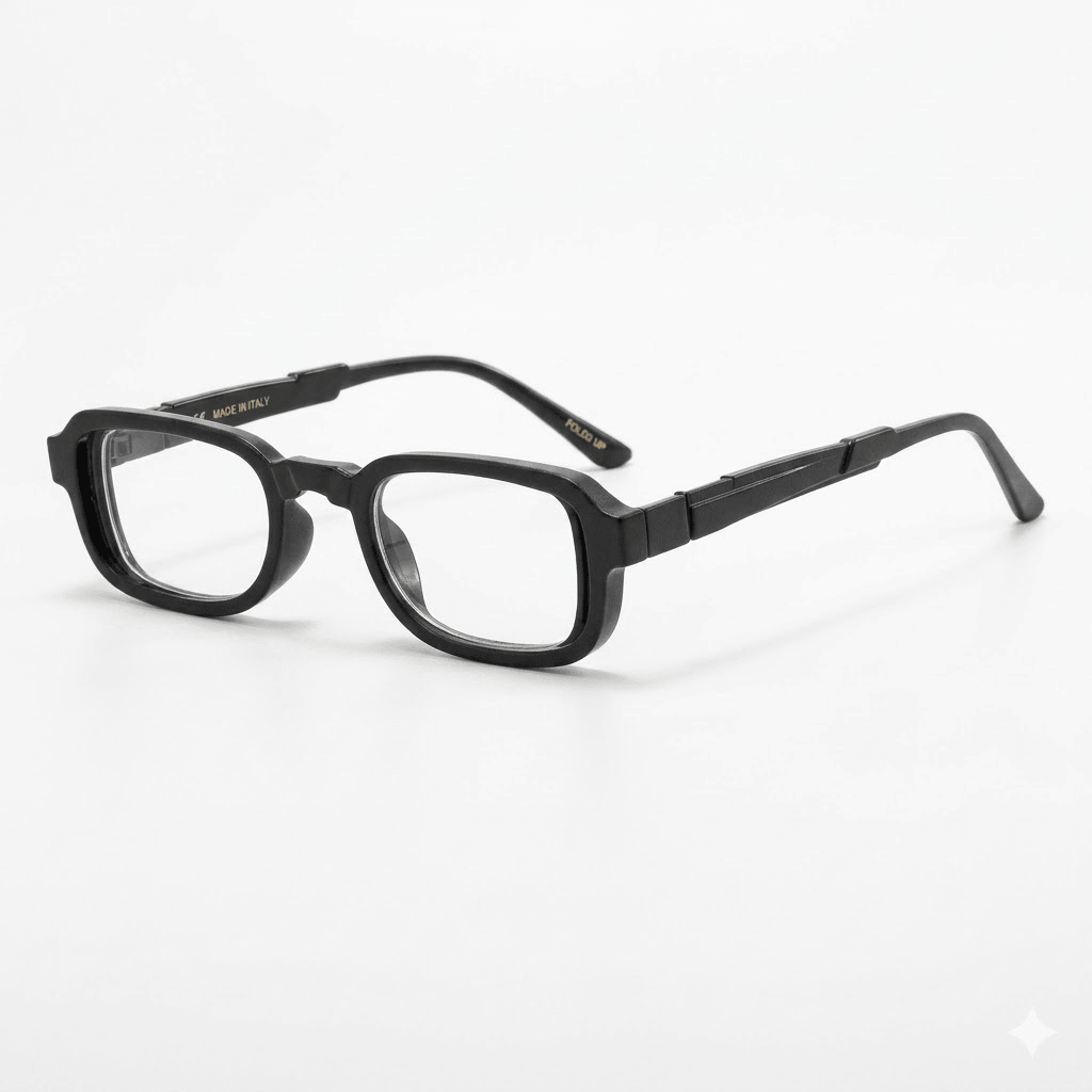 VELOPT-B106 bold square black PC prescription glasses with integrated nose bridge and technical size chart