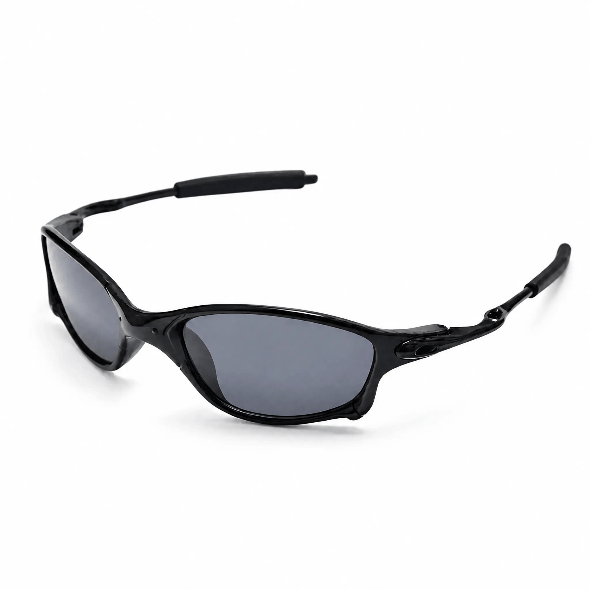 VELSUN-106 vintage metal sports wrap sunglasses in matte black frame with solid dark smoke grey lenses and sizing blueprint chart