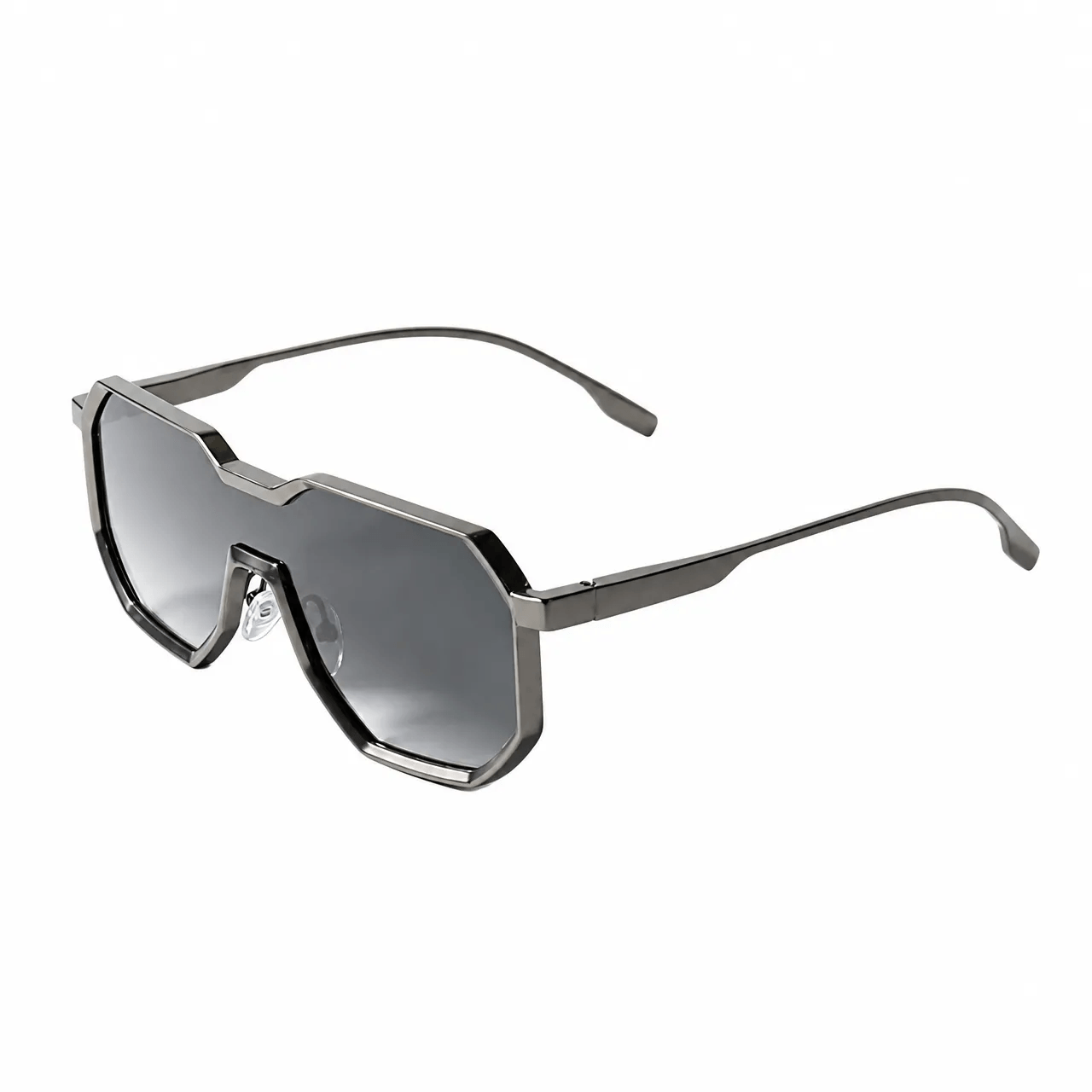 VELSUN-102 flat top geometric shield sunglasses featuring a dark smoke grey gradient lens and dark gunmetal metal hardware