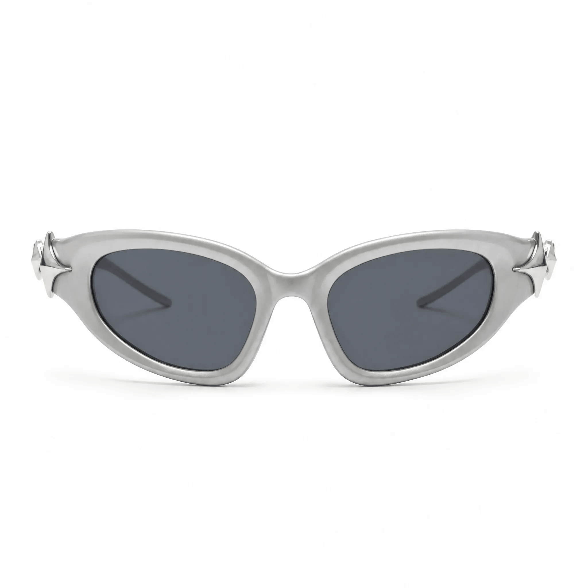 VELSUN-105 futuristic wrap around cat eye sunglasses in metallic chrome silver PC frame with dark grey lenses and dimension metrics