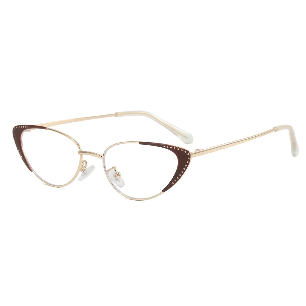 Sophisticated dark brown cat-eye glasses, vintage-style decorative frames with hollowed temple tips.
