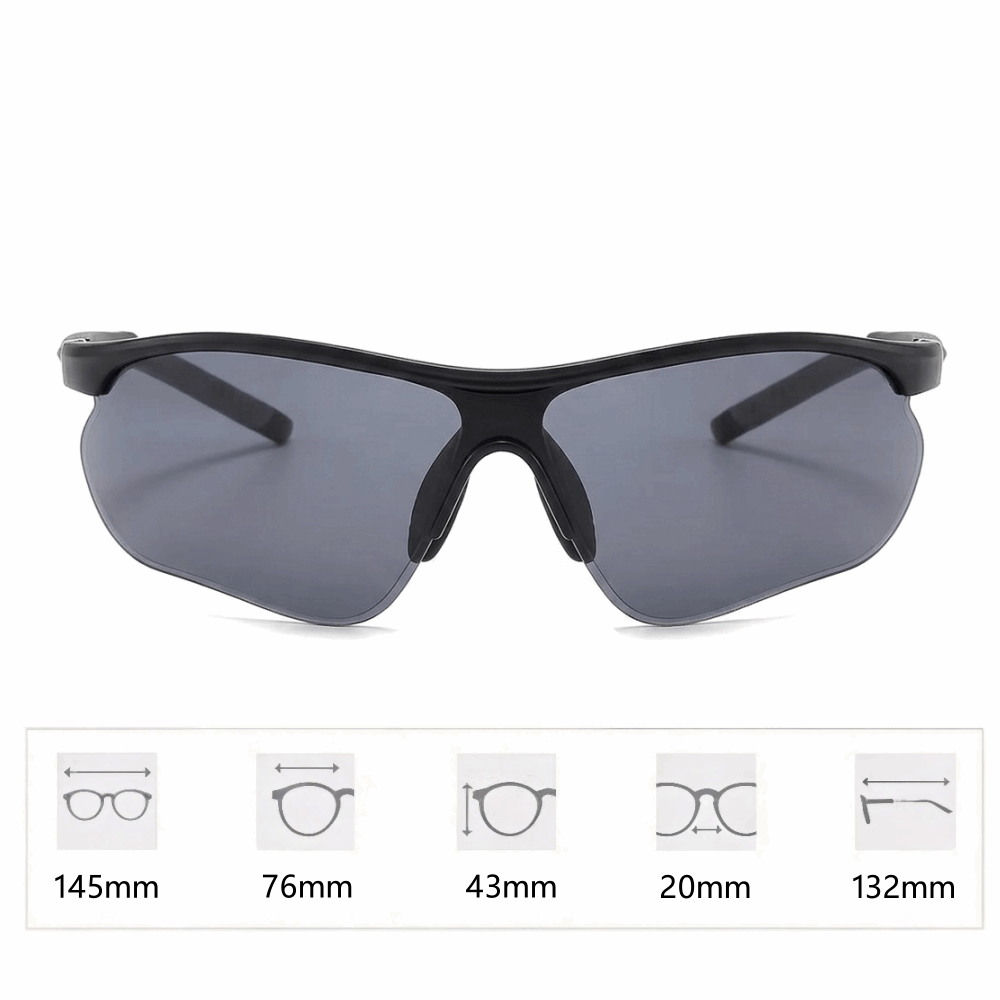 Front view of black unisex sport sunglasses with wide rimless PC lens and flexible nose pad