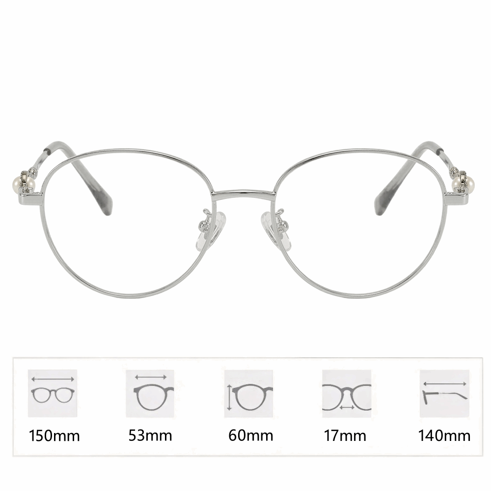 Velora luxury cat-eye glasses dimensions: 150mm total width, 53mm lens width, and 140mm temple length.