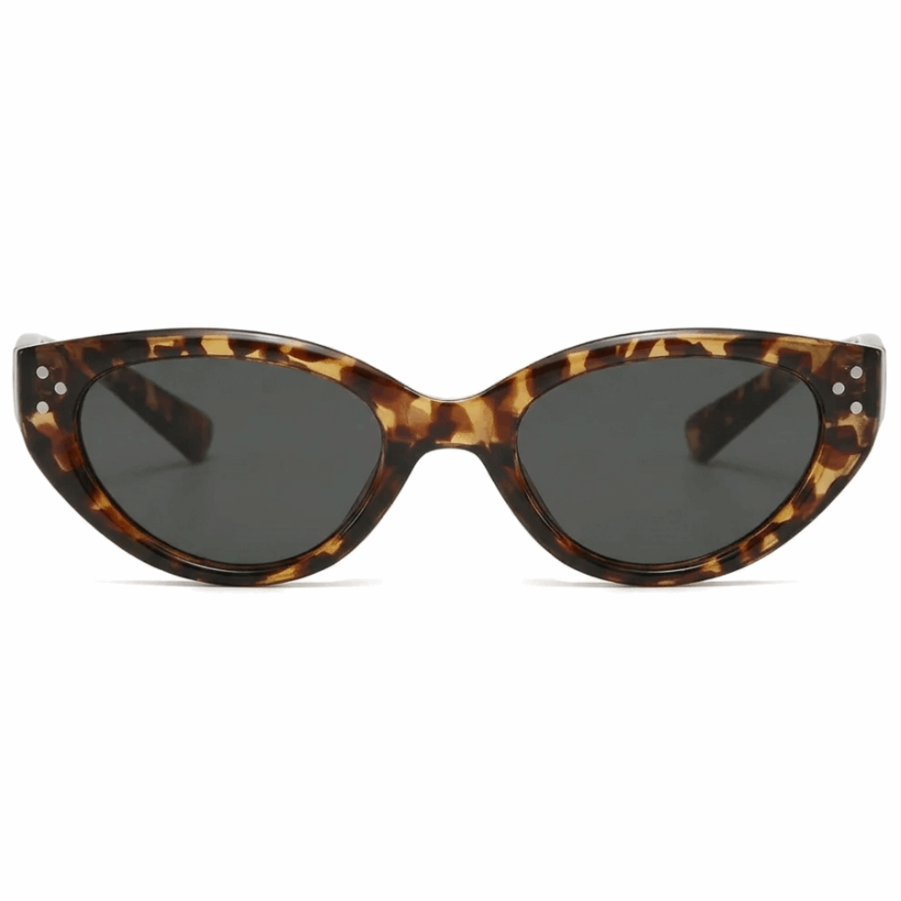 Vintage Amber Tortoise Shell slim cat-eye glasses with dark lenses, classic leopard print shades.