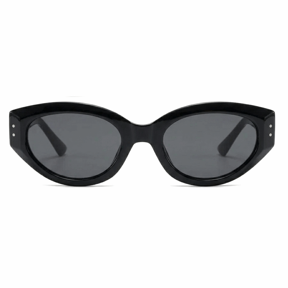 Classic Glossy Black chunky oval sunglasses, iconic retro fashion shades by Velora.