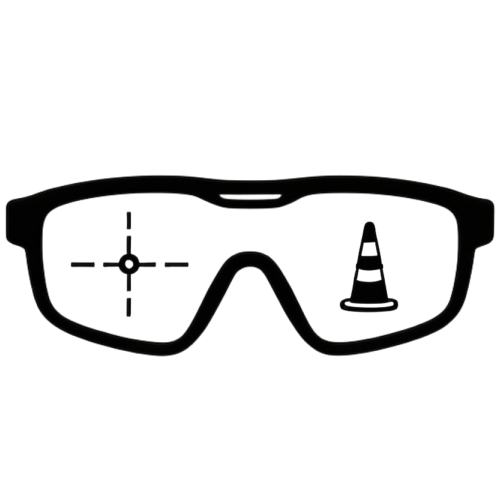 Safety glasses with crosshair and traffic cone reflection, emphasizing precision and protection.