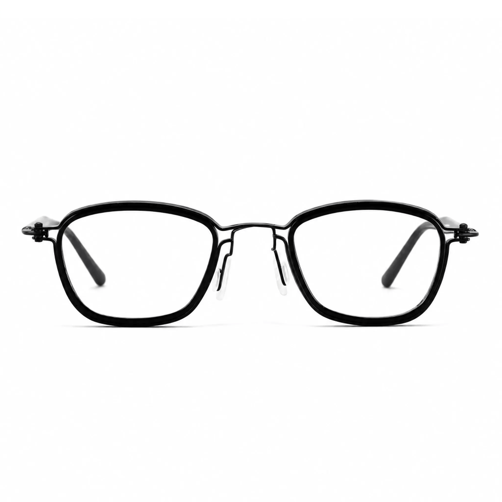 VELOPT-B109 rounded square PC prescription glasses in solid onyx black with gunmetal grey keyhole bridge and technical size blueprint
