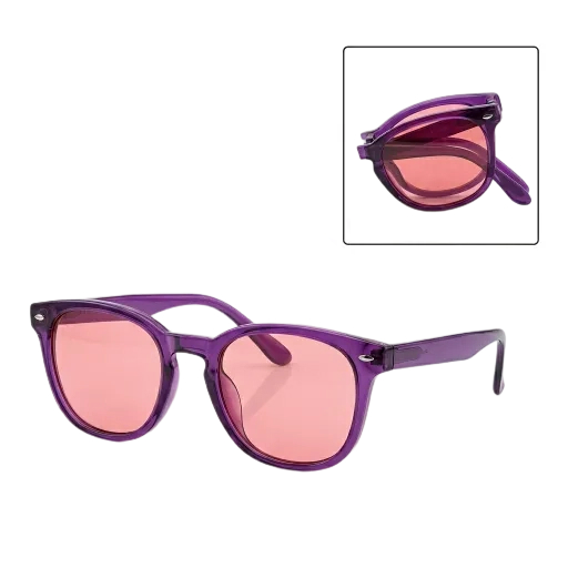 Royal Purple foldable sunglasses with rose-tinted lenses, compact travel eyewear.