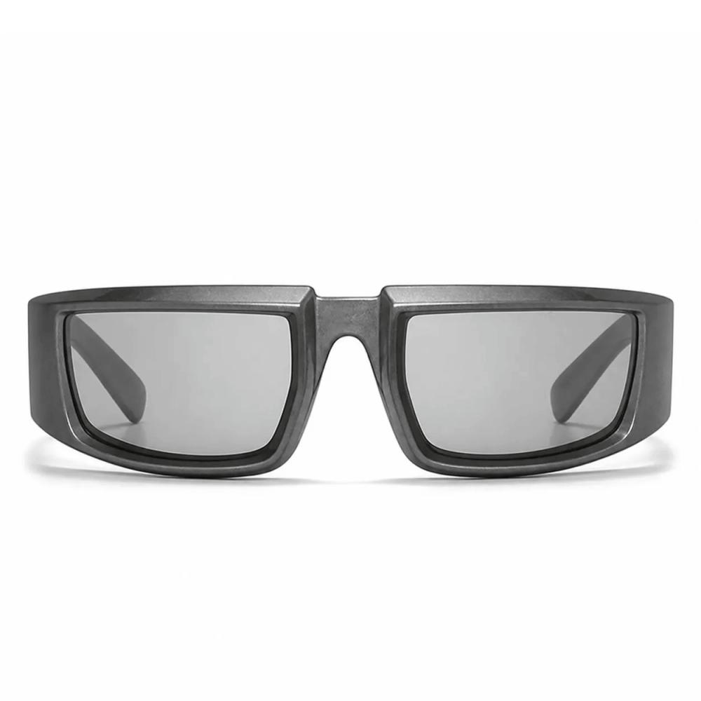 VELSUN-107 rectangular wrap around shield sunglasses in a translucent dark grey PC frame with smoke lenses, featuring an overlay technical dimension graphic