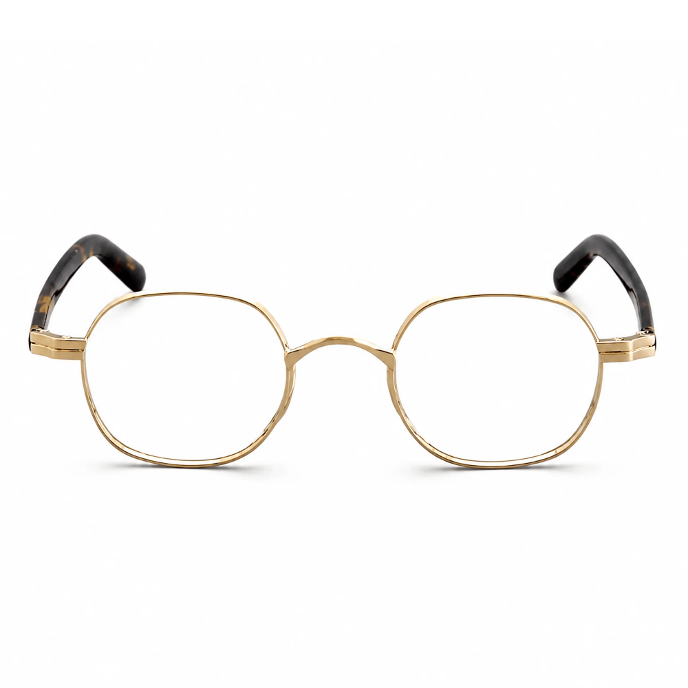 VELOP-B110 vintage octagon metal prescription glasses in polished bright gold with black eartips and technical size diagram