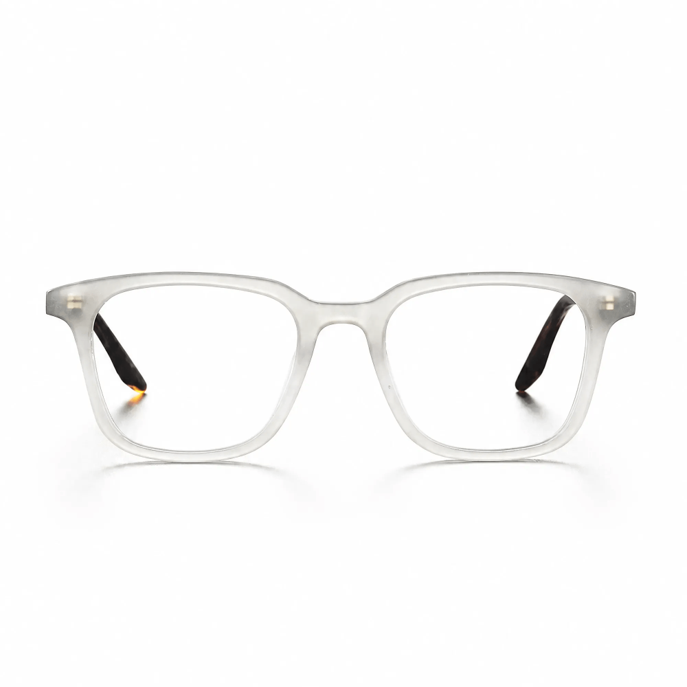 VELOPT-B108 classic square prescription glasses in frosted clear translucent PC with subtle metal rivets and sizing diagram
