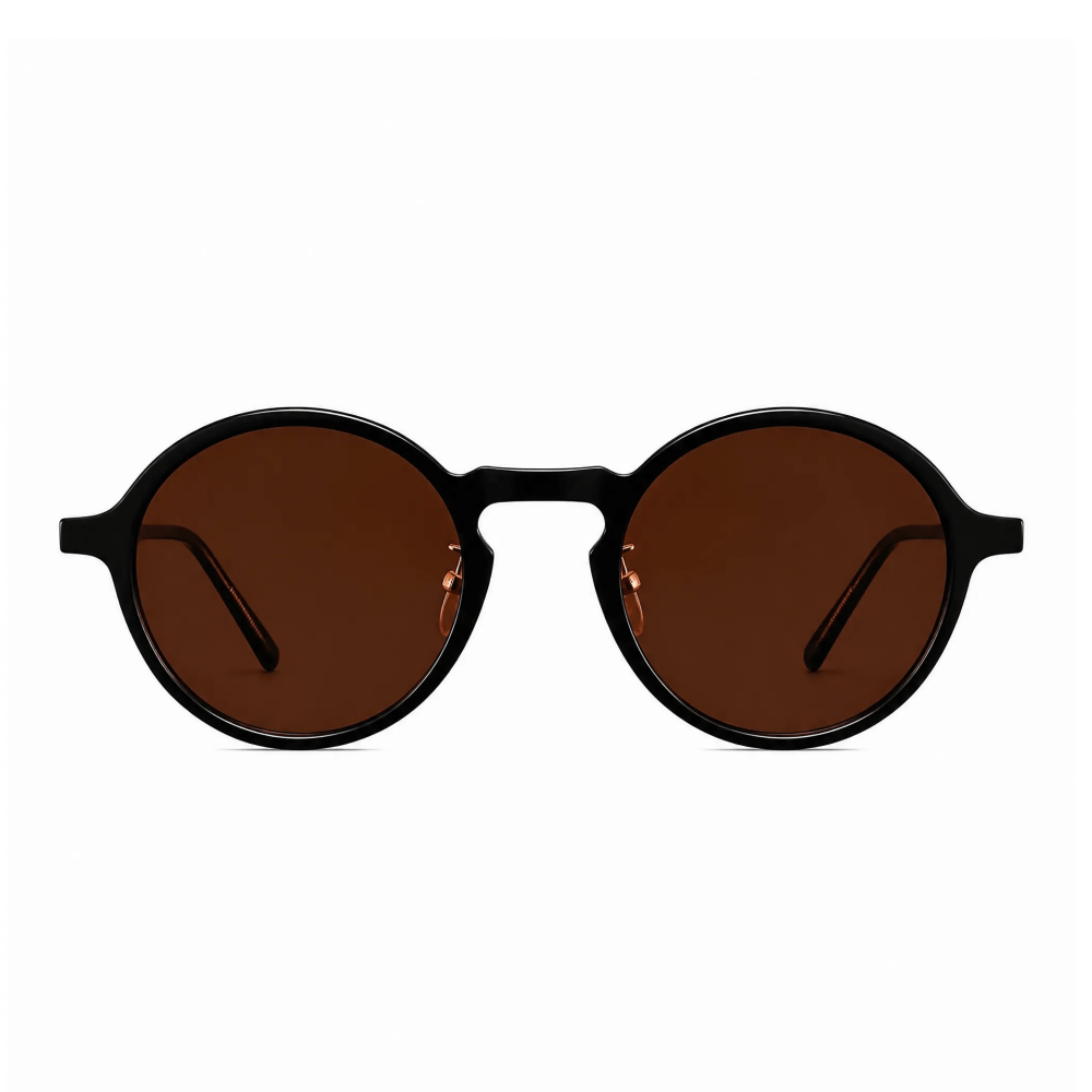 VELSUN-104 vintage round sunglasses in solid black PC frame with dark brown lenses and technical dimensions chart
