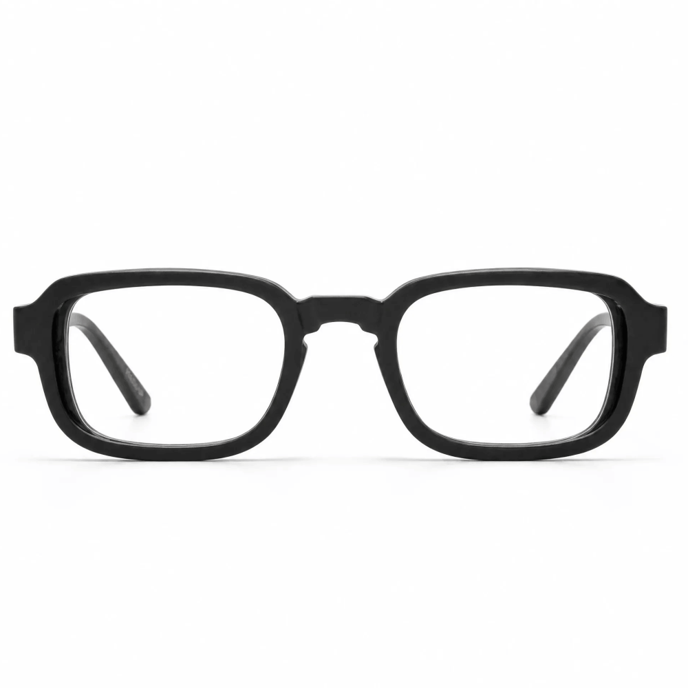 VELOPT-B106 bold square black PC prescription glasses with integrated nose bridge and technical size chart