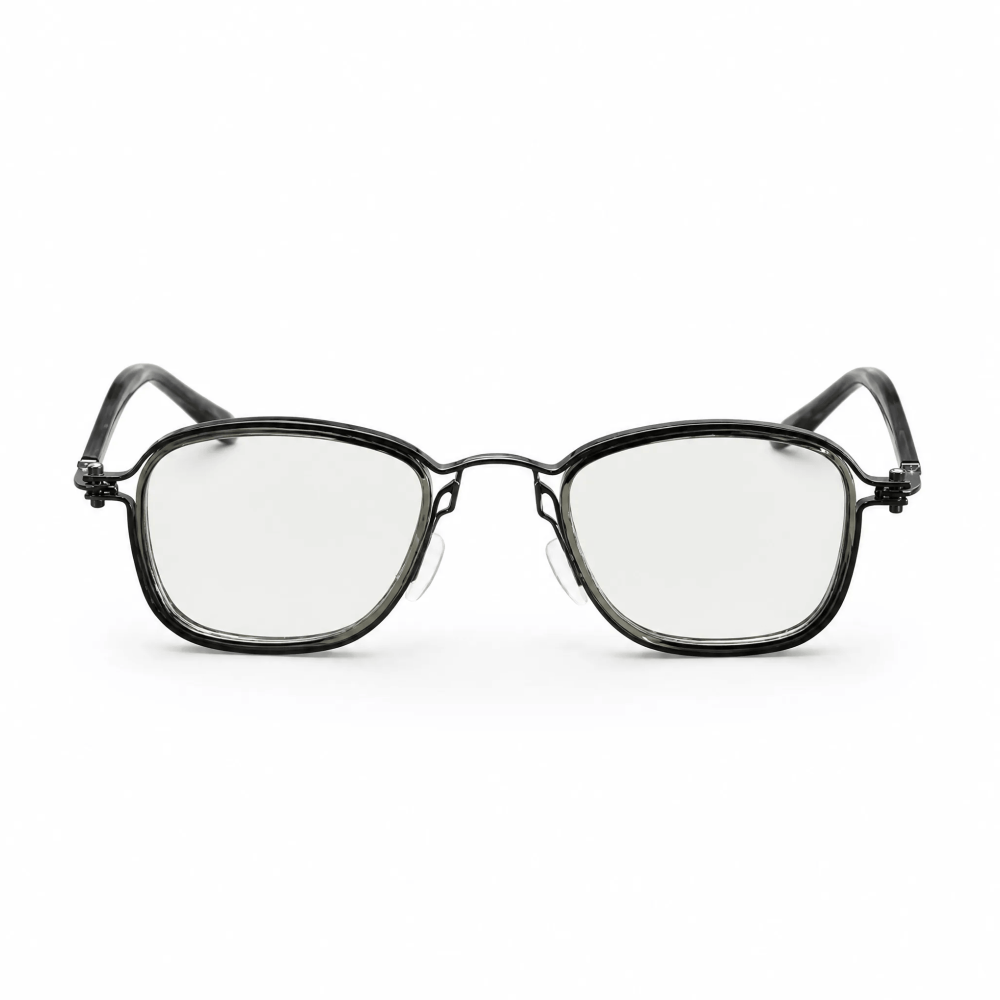 VELOPT-B107 soft square PC prescription glasses in ink black with a metallic gunmetal gray bridge and technical size chart