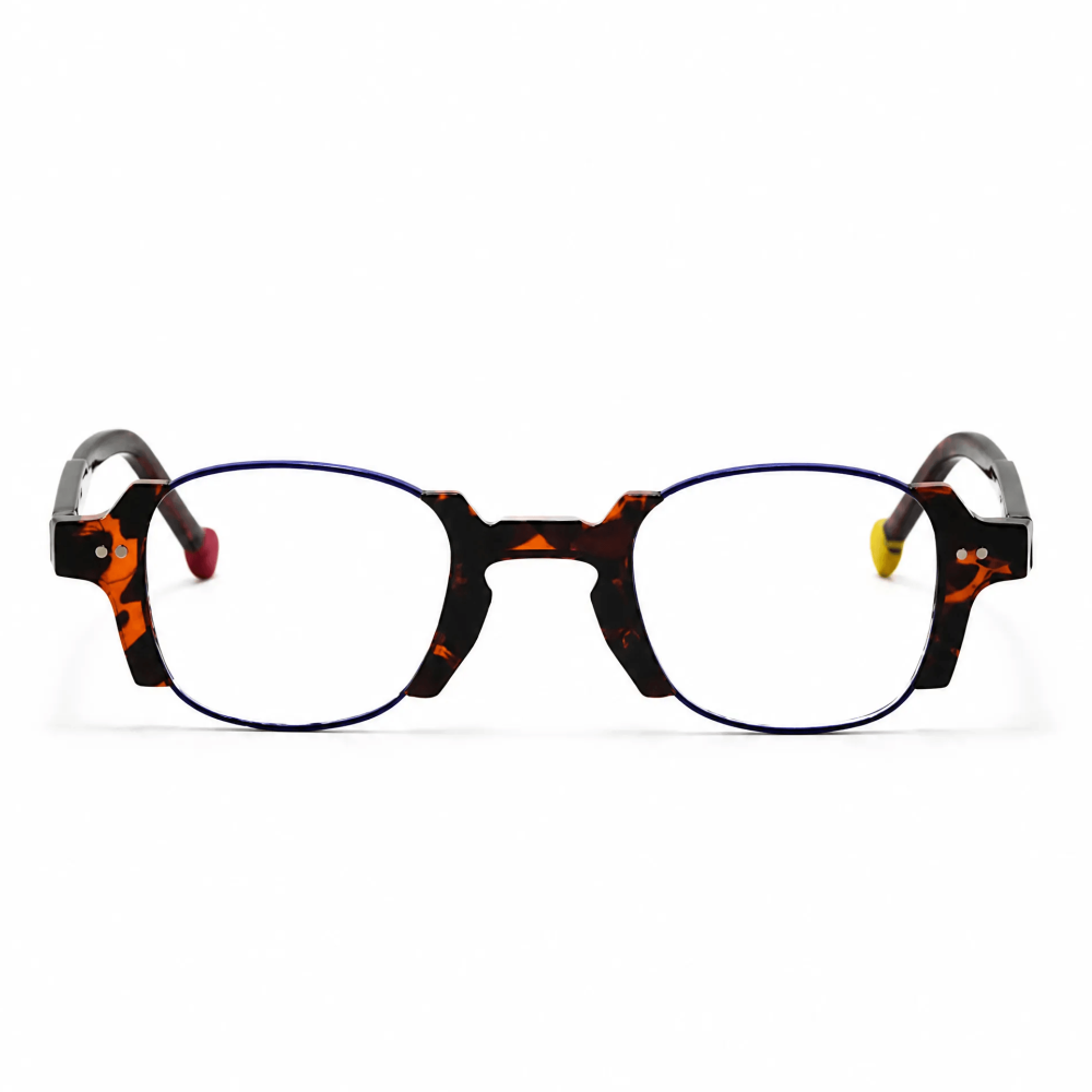 VELOPT-B112 retro crown panto prescription glasses in vibrant leopard tortoiseshell PC with blue light blocking lenses and size chart