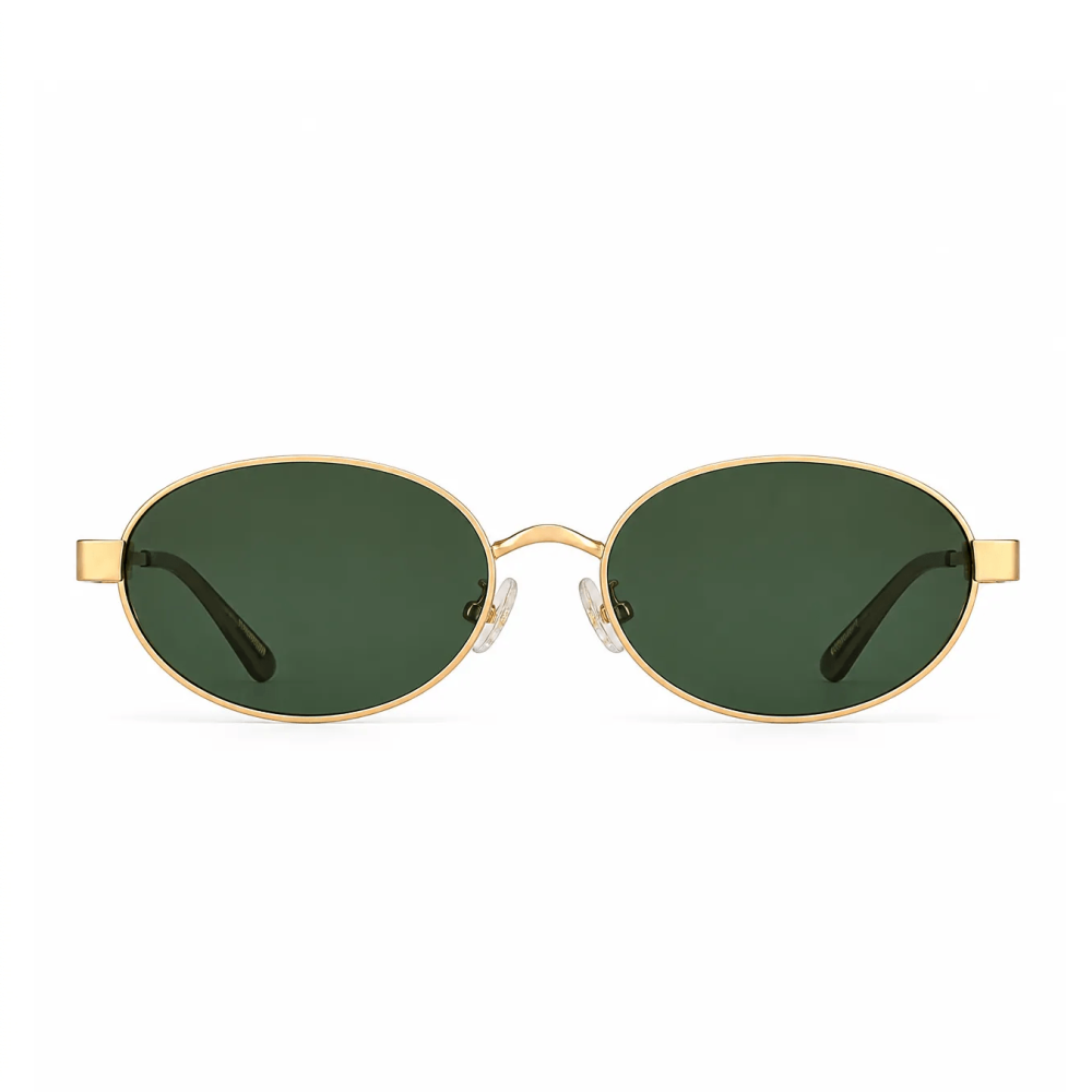 VELSUN-103 vintage oval metal sunglasses in polished gold with dark forest green lenses and technical blueprint dimensions