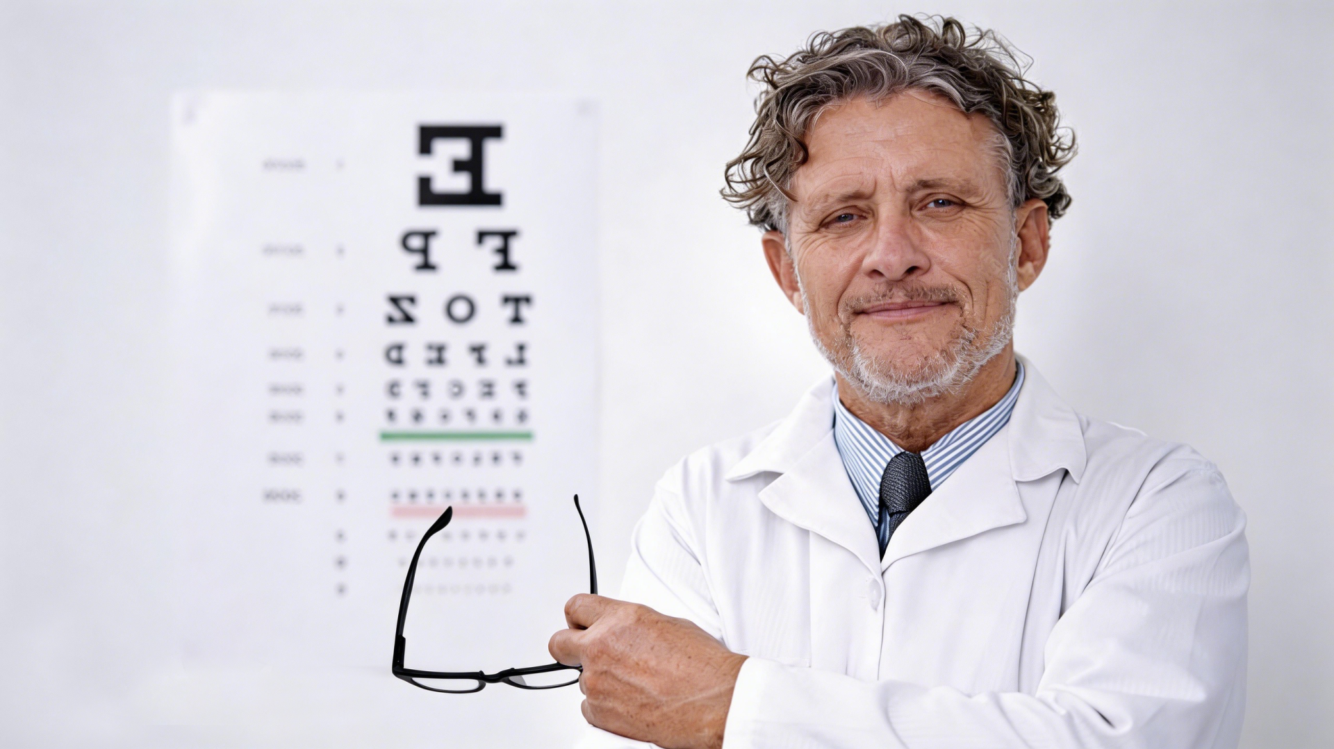 Optometrist holding eyeglasses in front of eye chart, offering prescription glasses and vision care