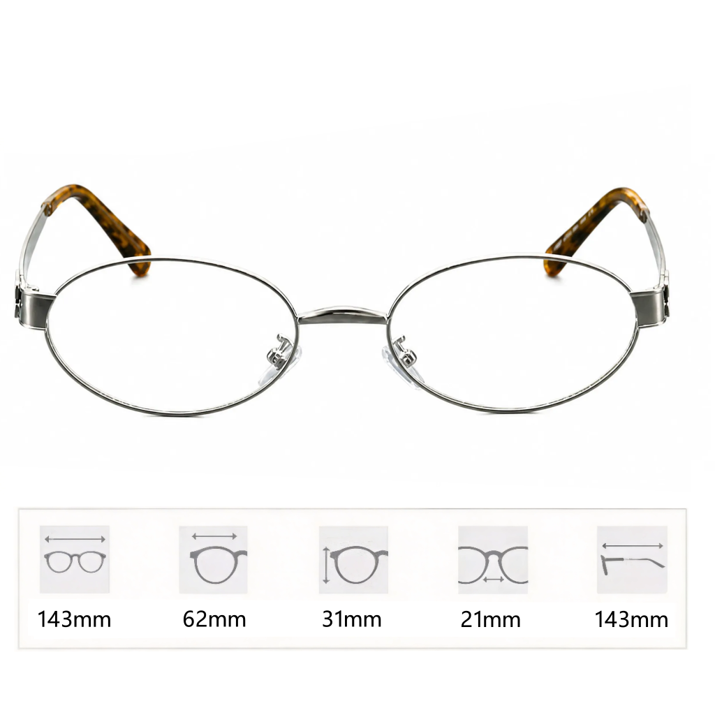 VELOPT-B102 slim oval metal prescription glasses in matte metallic silver with dark brown tortoise shell eartips