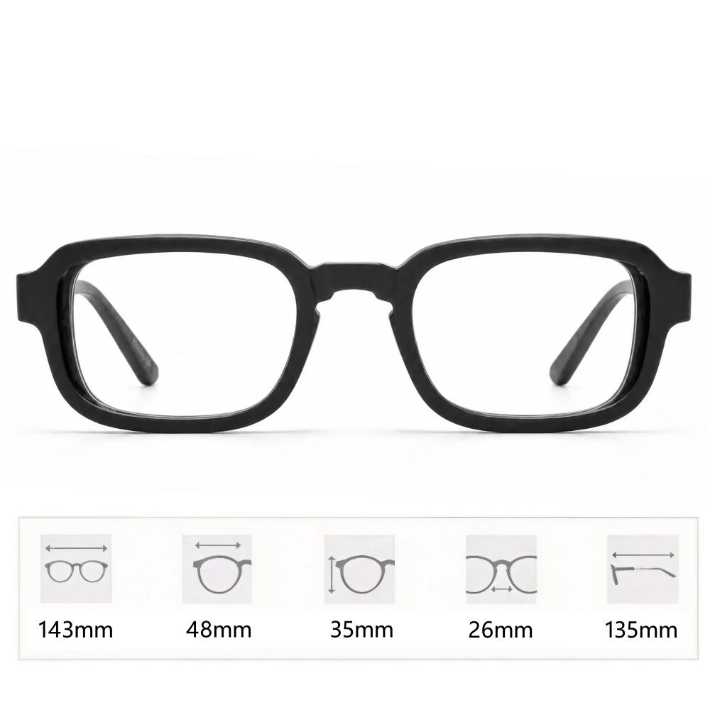 VELOPT-B106 bold square black PC prescription glasses with integrated nose bridge and technical size chart