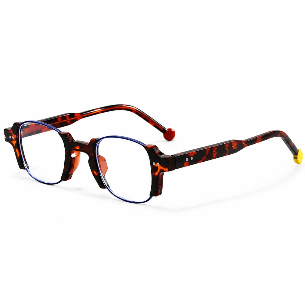 VELOPT-B112 retro crown panto prescription glasses in vibrant leopard tortoiseshell PC with blue light blocking lenses and size chart
