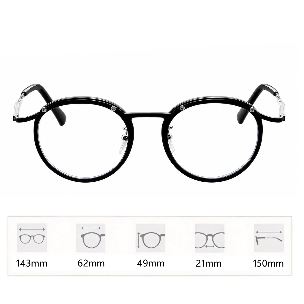 VELOPT-B114 vintage round prescription glasses featuring a black metal frame with silver wire accents and technical size chart