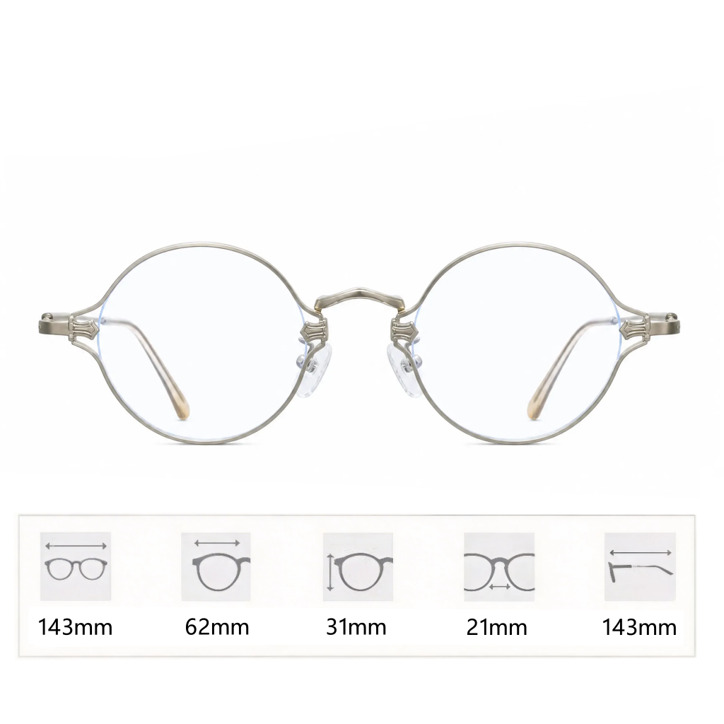 VELOPT-B104 minimalist round prescription glasses in polished silver metal with comfortable clear acetate temple tips