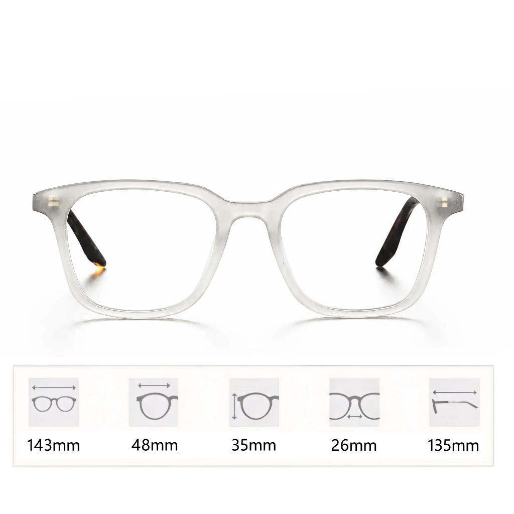 VELOPT-B108 classic square prescription glasses in frosted clear translucent PC with subtle metal rivets and sizing diagram