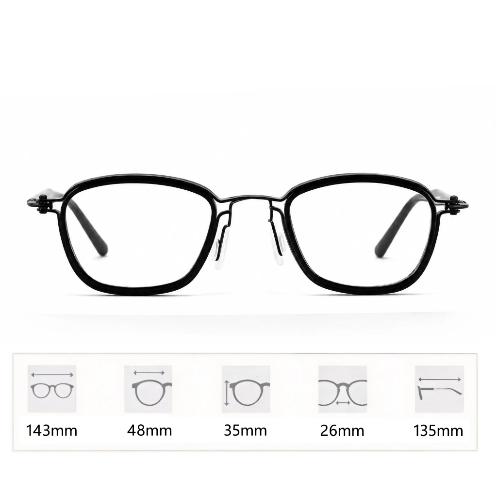 VELOPT-B109 rounded square PC prescription glasses in solid onyx black with gunmetal grey keyhole bridge and technical size blueprint