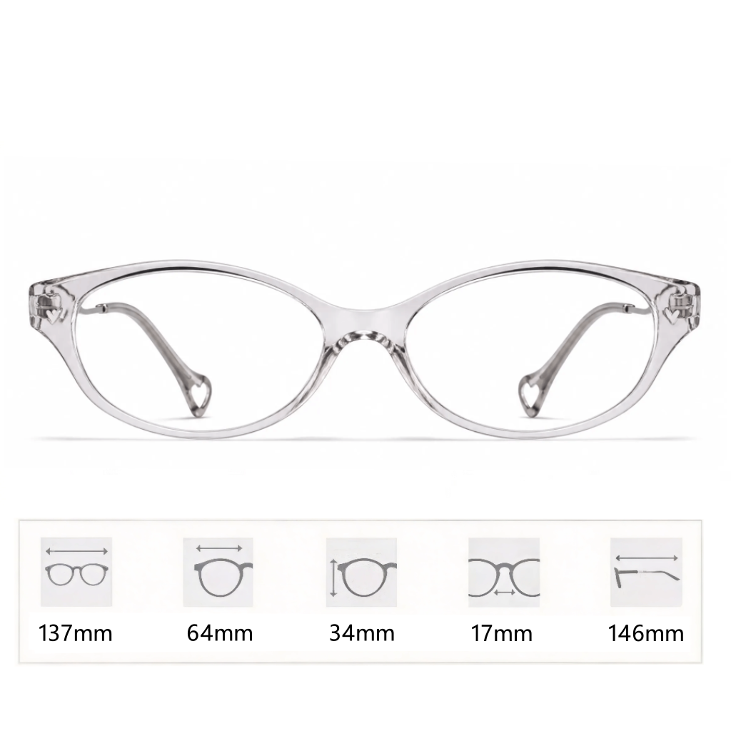 VELOPT-B101 sliver cat eye prescription glasses with gold metal temples and frame dimensions diagram