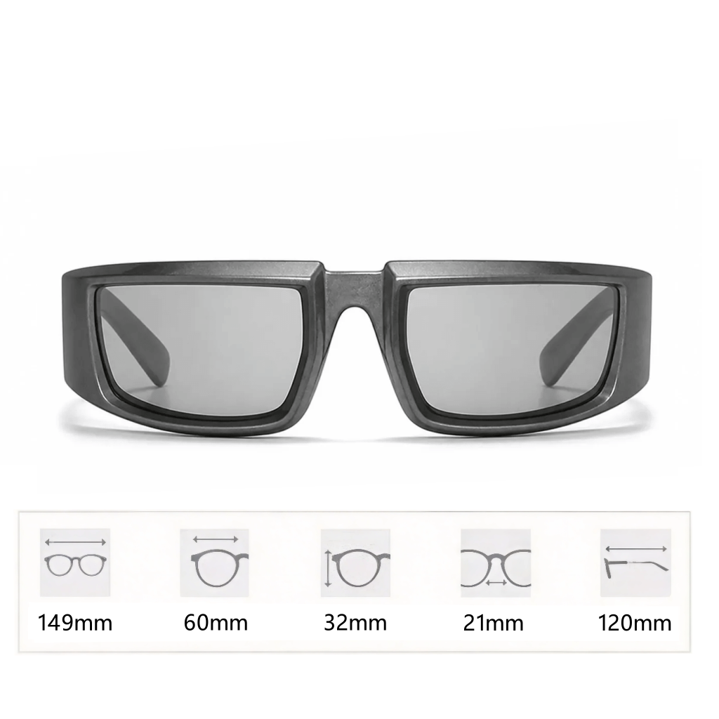 VELSUN-107 rectangular wrap around shield sunglasses in a translucent dark grey PC frame with smoke lenses, featuring an overlay technical dimension graphic