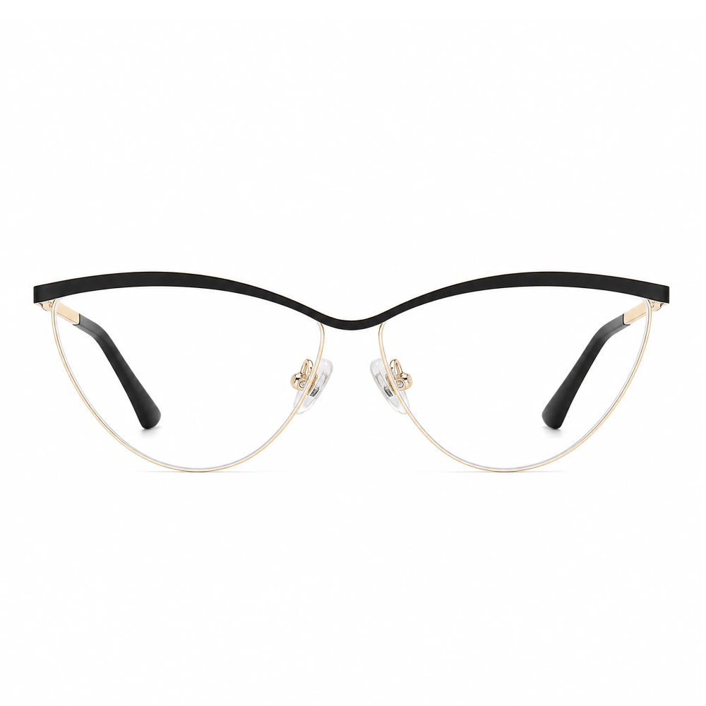 VELOP-701 elegant metal cat eye prescription glasses in sleek black and polished gold with clear blue light blocking lenses