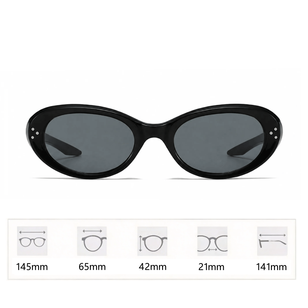VELSUN-108 vintage oval sunglasses in a thick gloss black PC frame with dark grey lenses alongside a technical sizing dimension blueprint graphic
