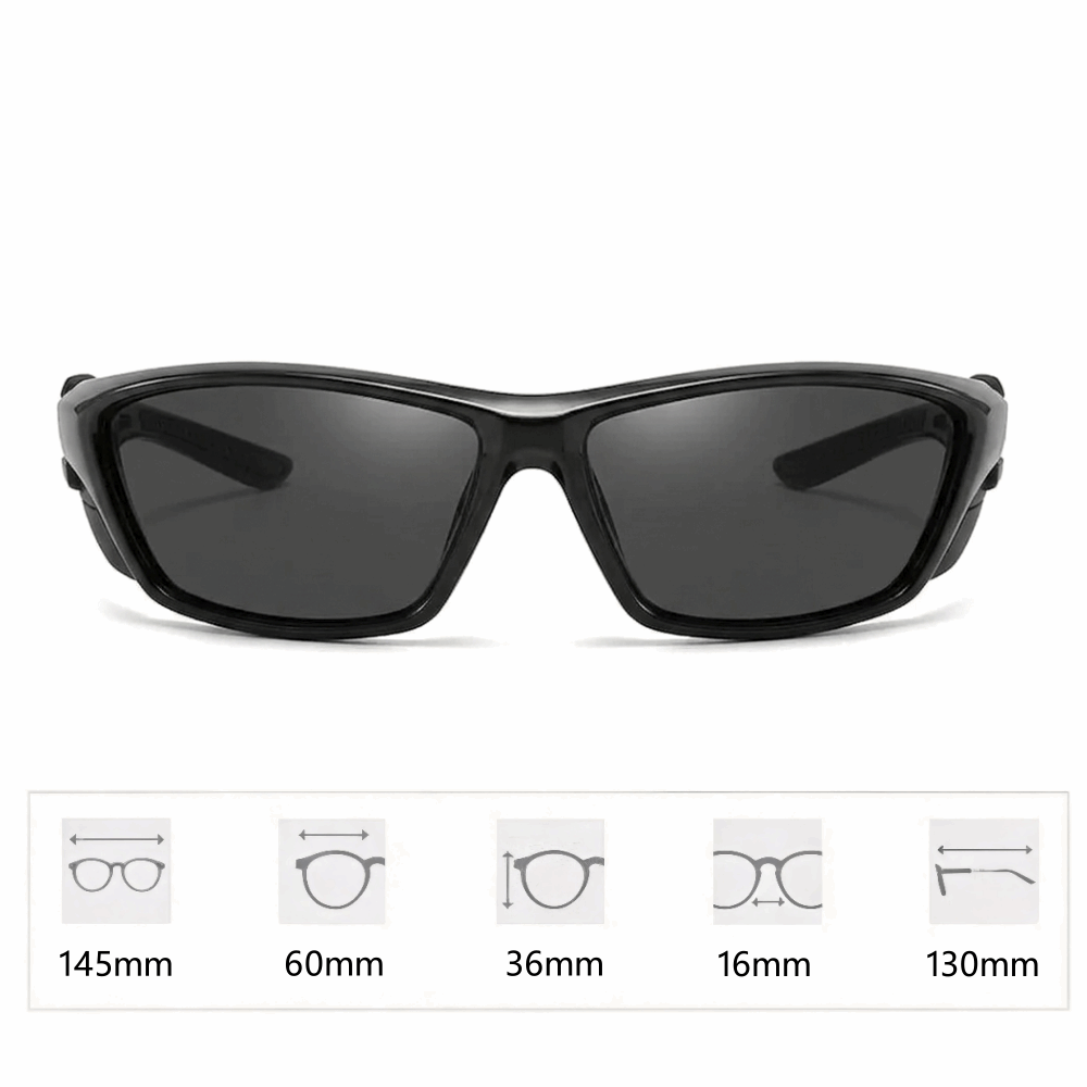 Product spec sheet showing dimensions and materials for VELSPT-423 polarized sport sunglasses