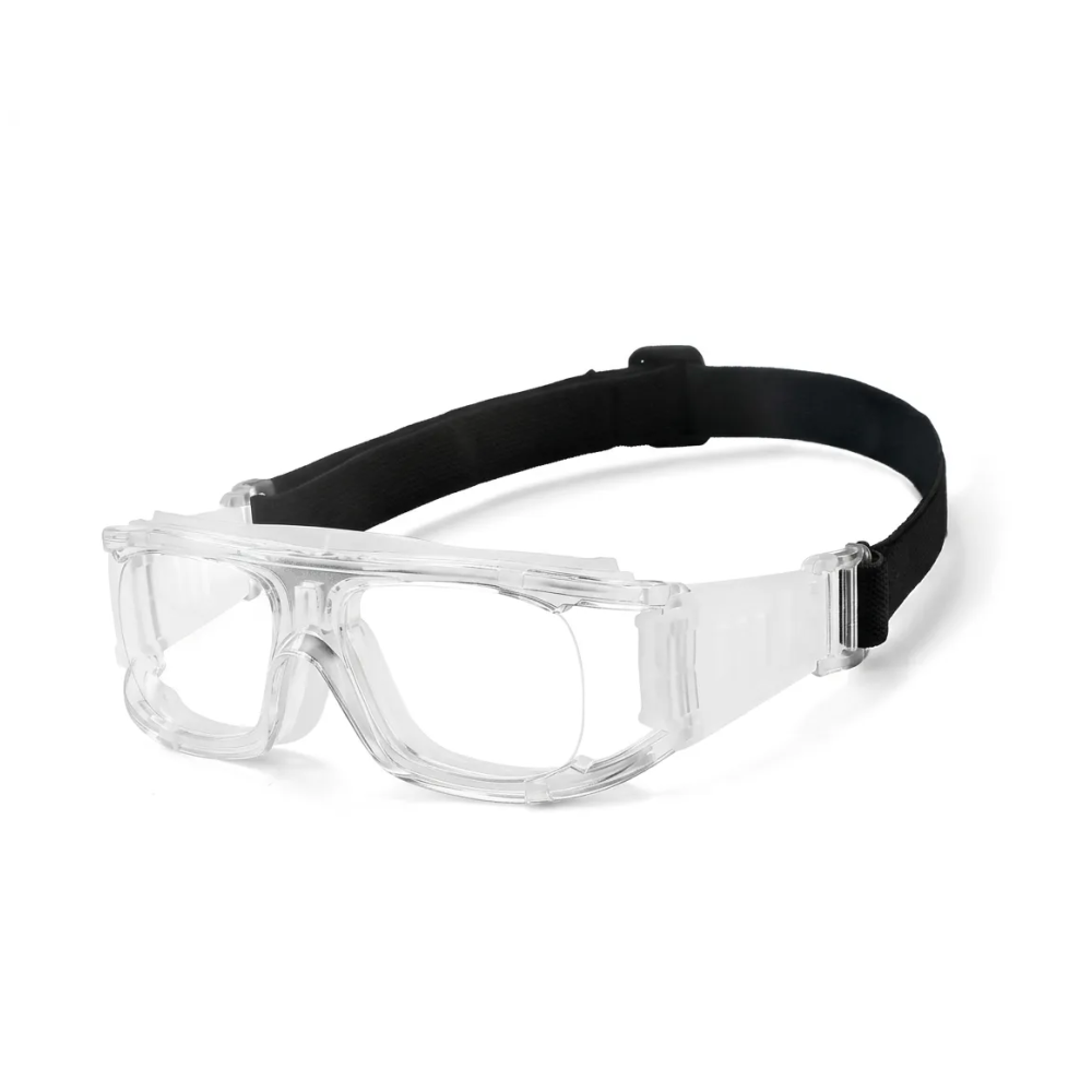 Side view of VELSPT-101 crystal clear adjustable prescription sport goggles with durable PC frames for basketball and soccer.