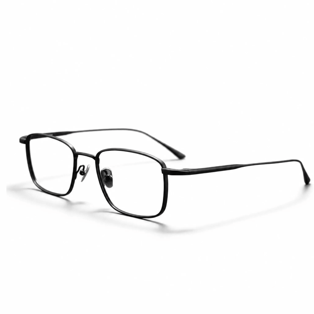 VELOP-704 sleek matte black thin wire rectangular eyeglasses frame side view