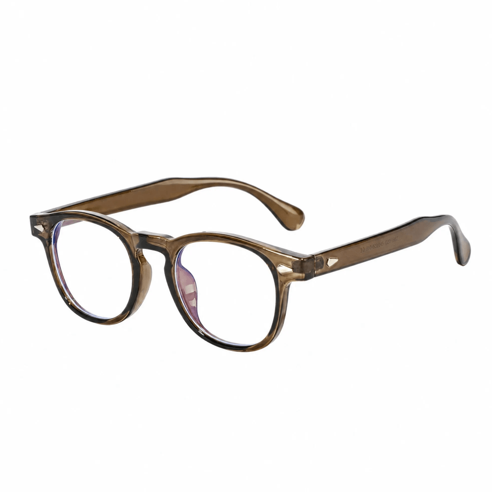 VELOP-702 crystal clear amber brown round prescription computer glasses side view