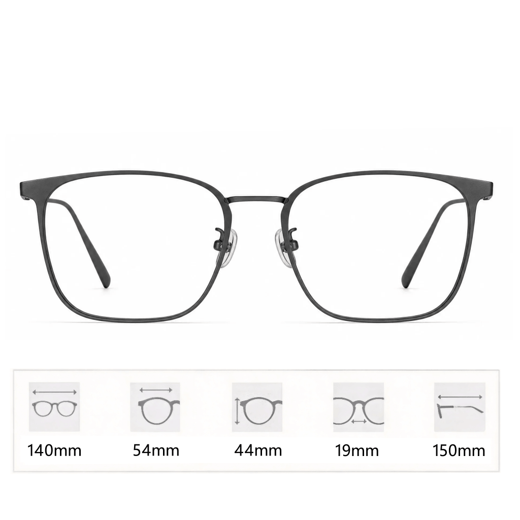 VELOP-703 dark charcoal titanium prescription glasses frame with 140mm size guide layout