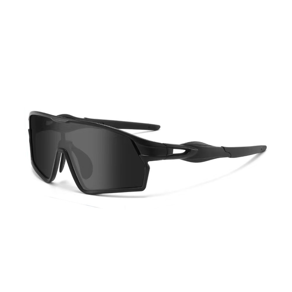 All black smoke gray shield sport sunglasses with metal frame — VELSPT-654