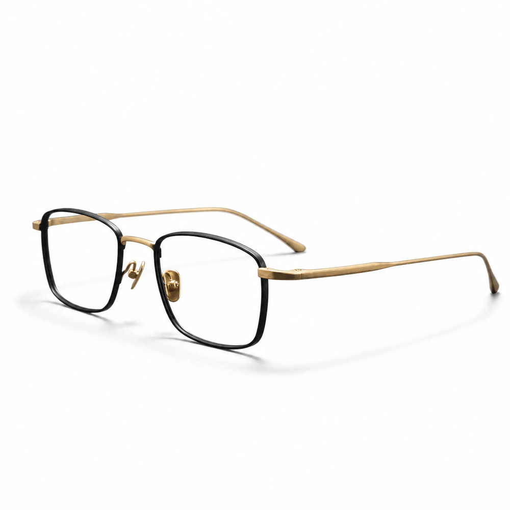 VELOP-704 classic black and gold metal square prescription glasses with clear blue light blocking lenses