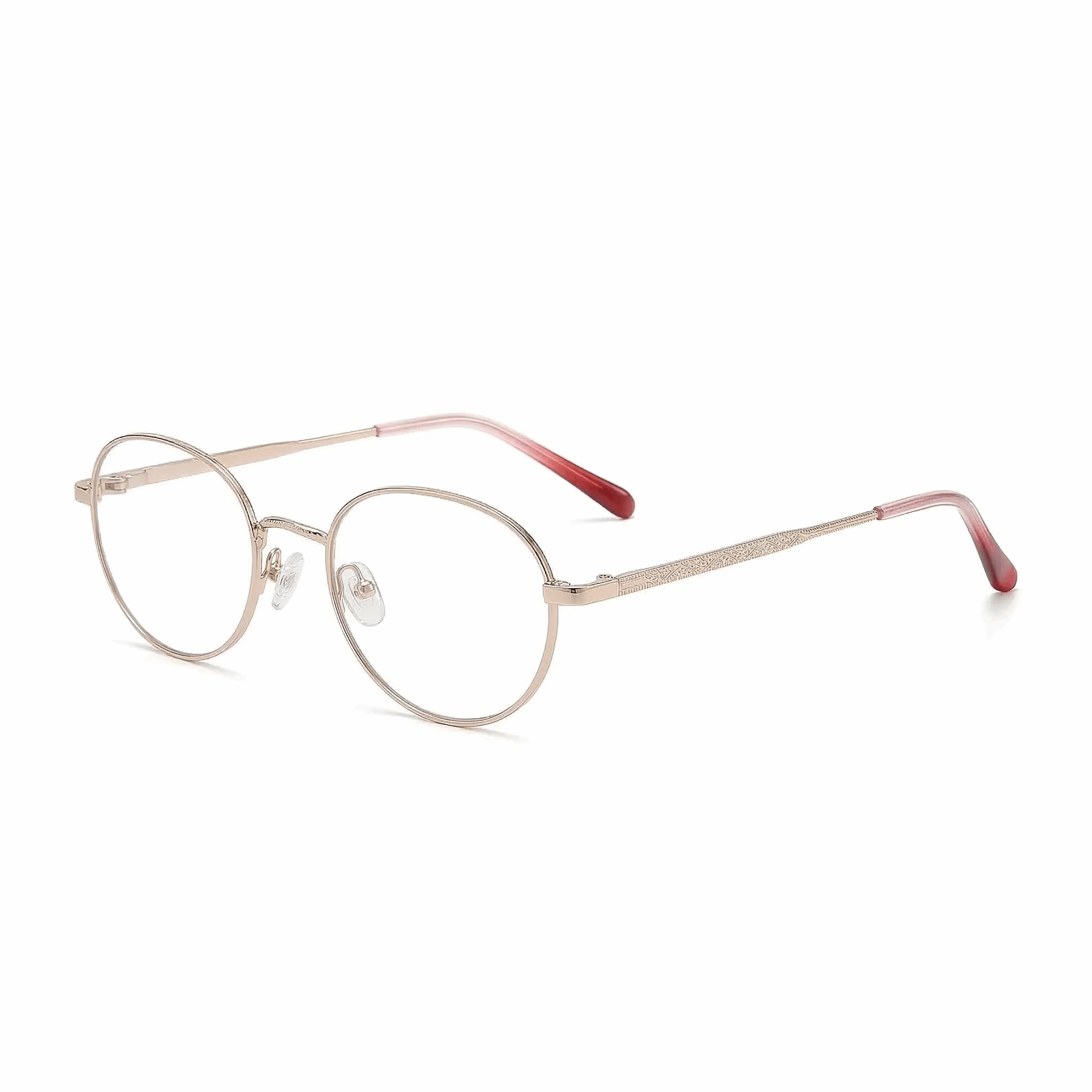 Elegant rose gold circular eyeglasses for women, professional vintage-style metal frames.