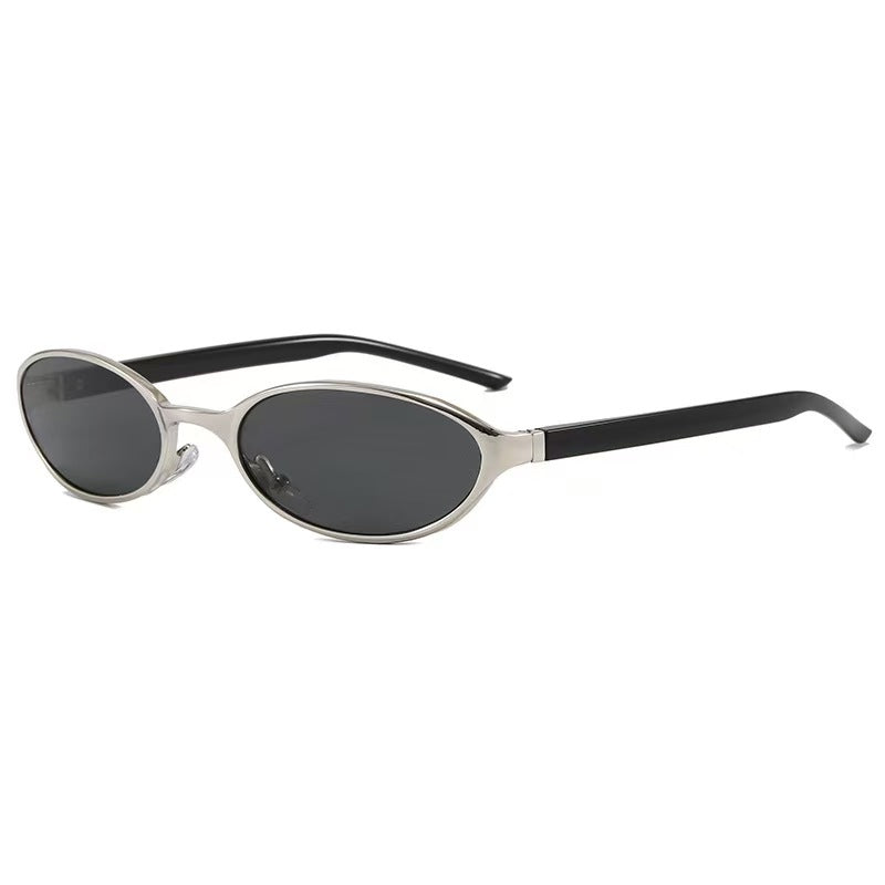 Sleek Silver & Black oval frames, futuristic minimalist glasses for unisex fashion.