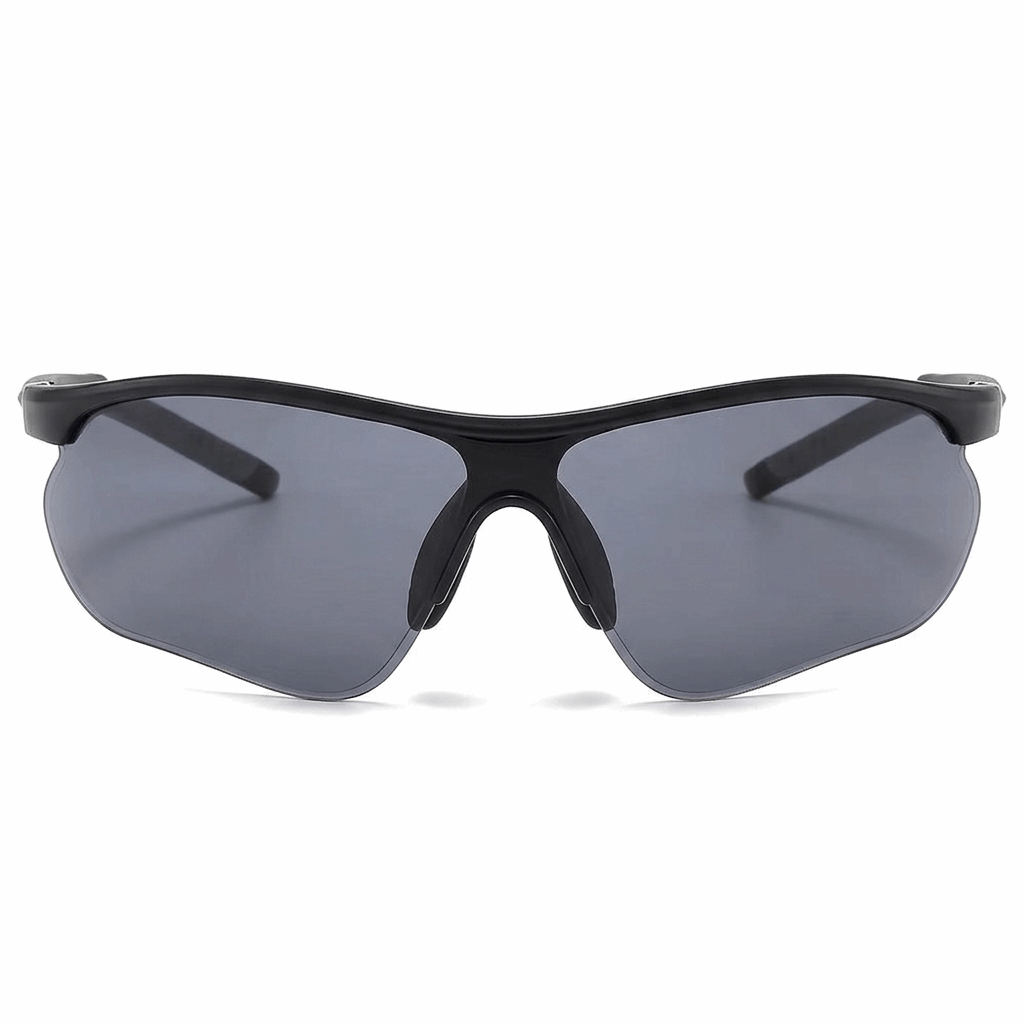Front view of black unisex sport sunglasses with wide rimless PC lens and flexible nose pad