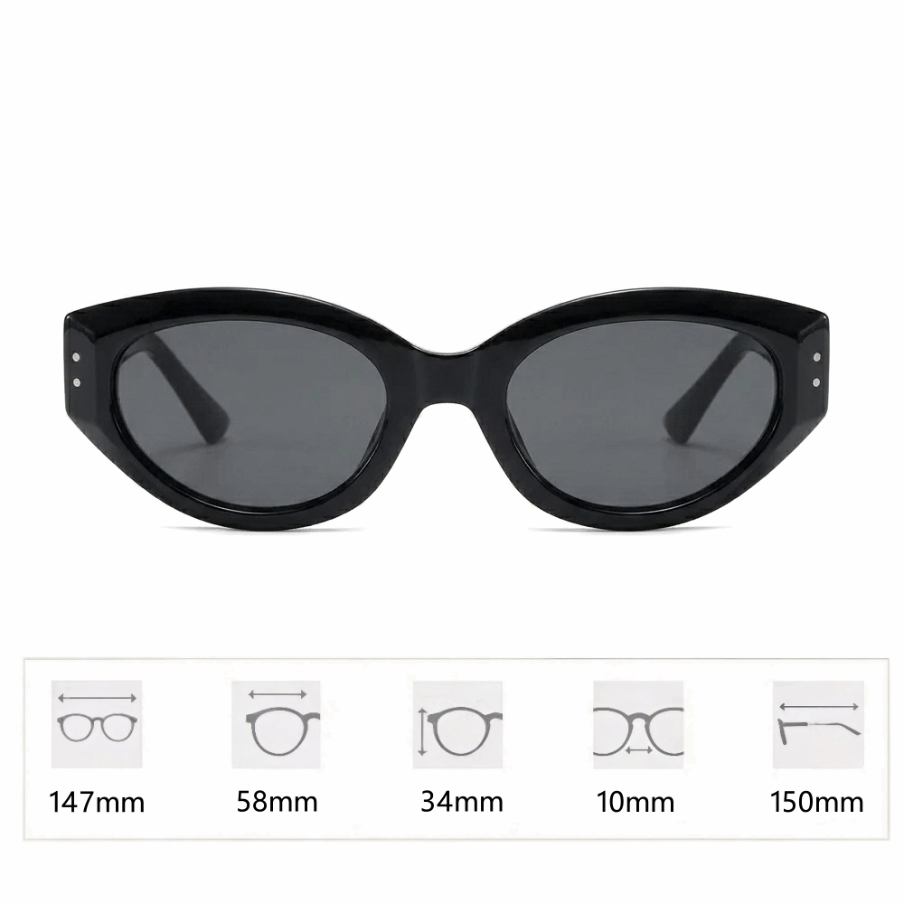 Velora retro oval cat-eye sunglasses dimensions: 147mm frame width, 58mm lens width, and 150mm temple length.