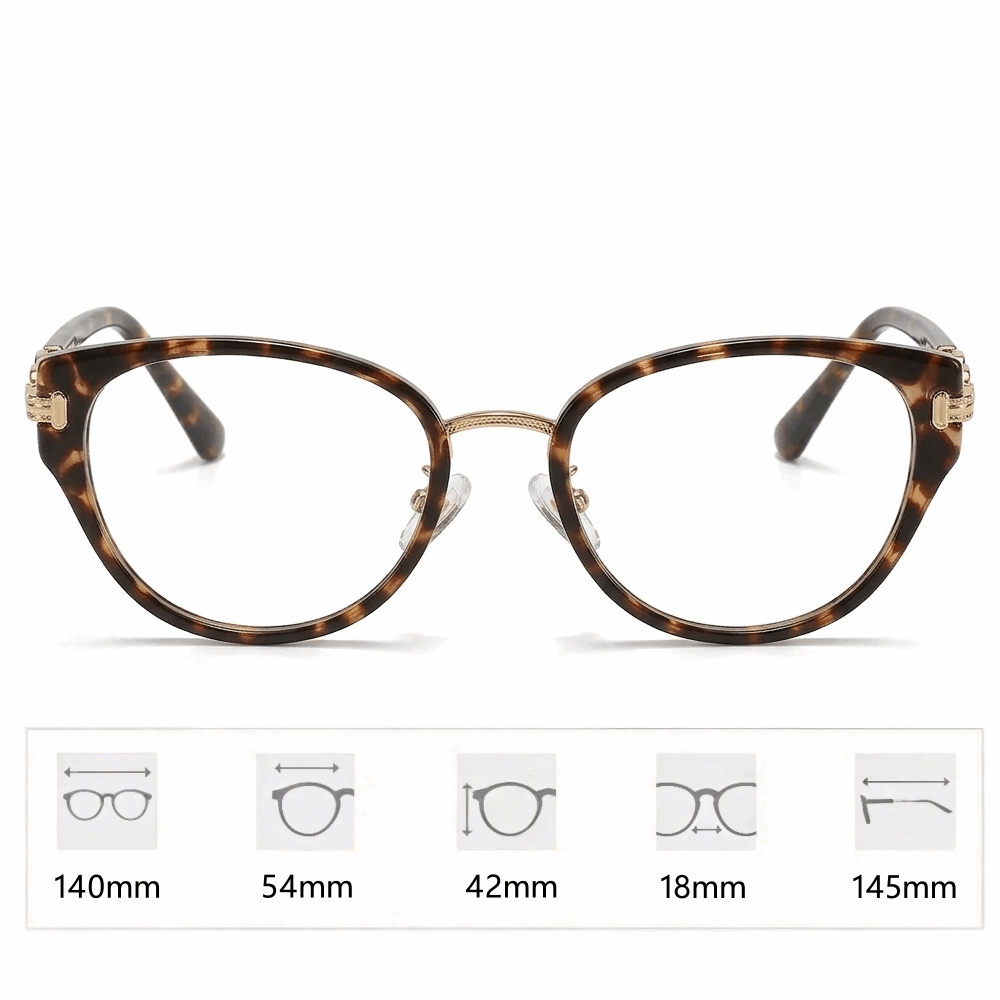 VELOPT-125 cat eye prescription frame size chart — 54mm lens, 140mm width, 145mm temple, 14g