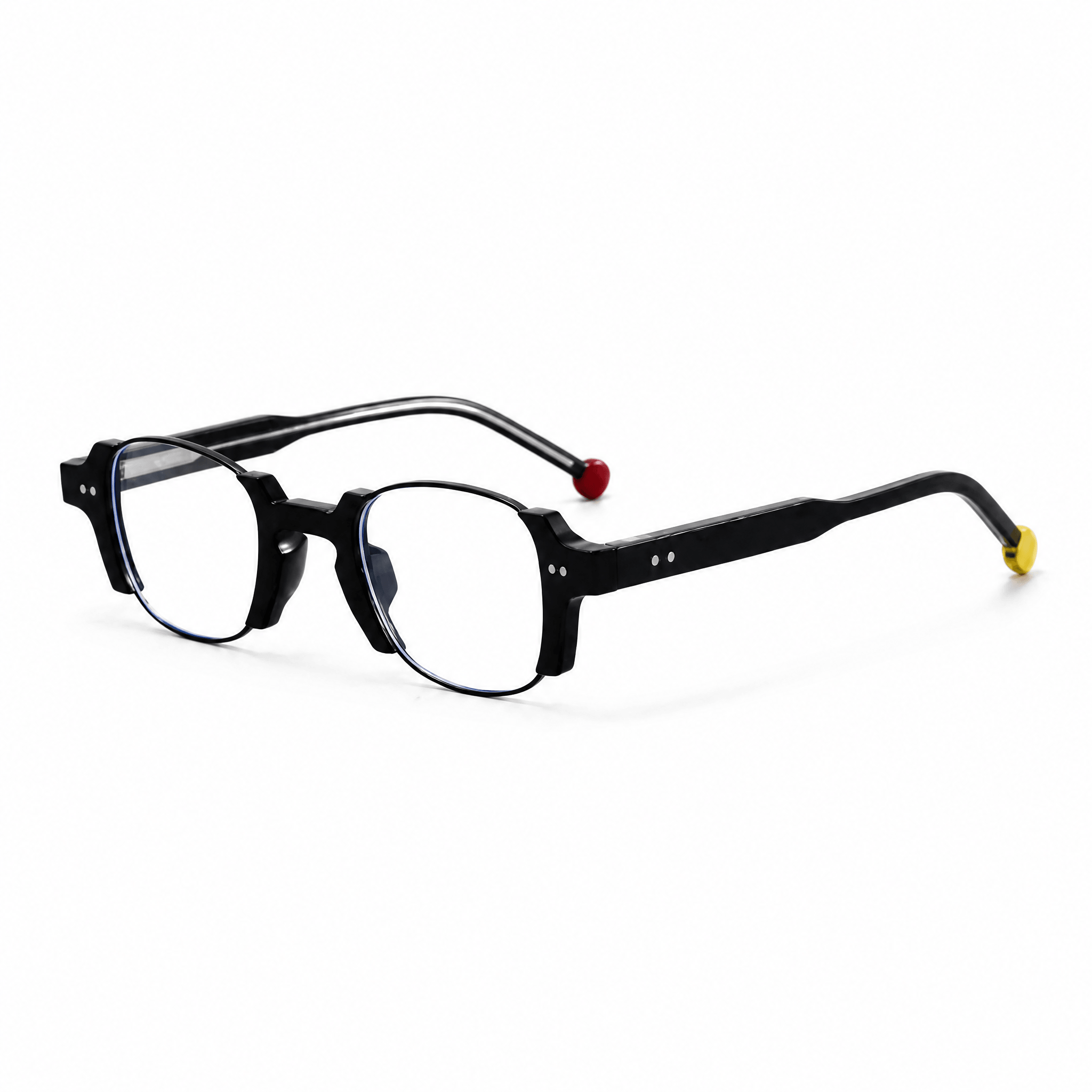 VELOPT-B112 artistic round glasses frame in gloss black PC featuring a contrasting red accented temple tip