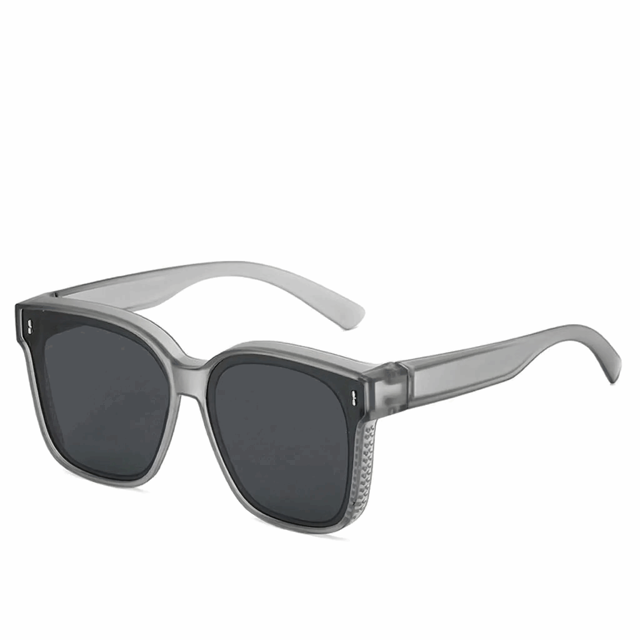 Trendy Translucent Smoke Grey chunky square sunglasses with dark polarized-style lenses.