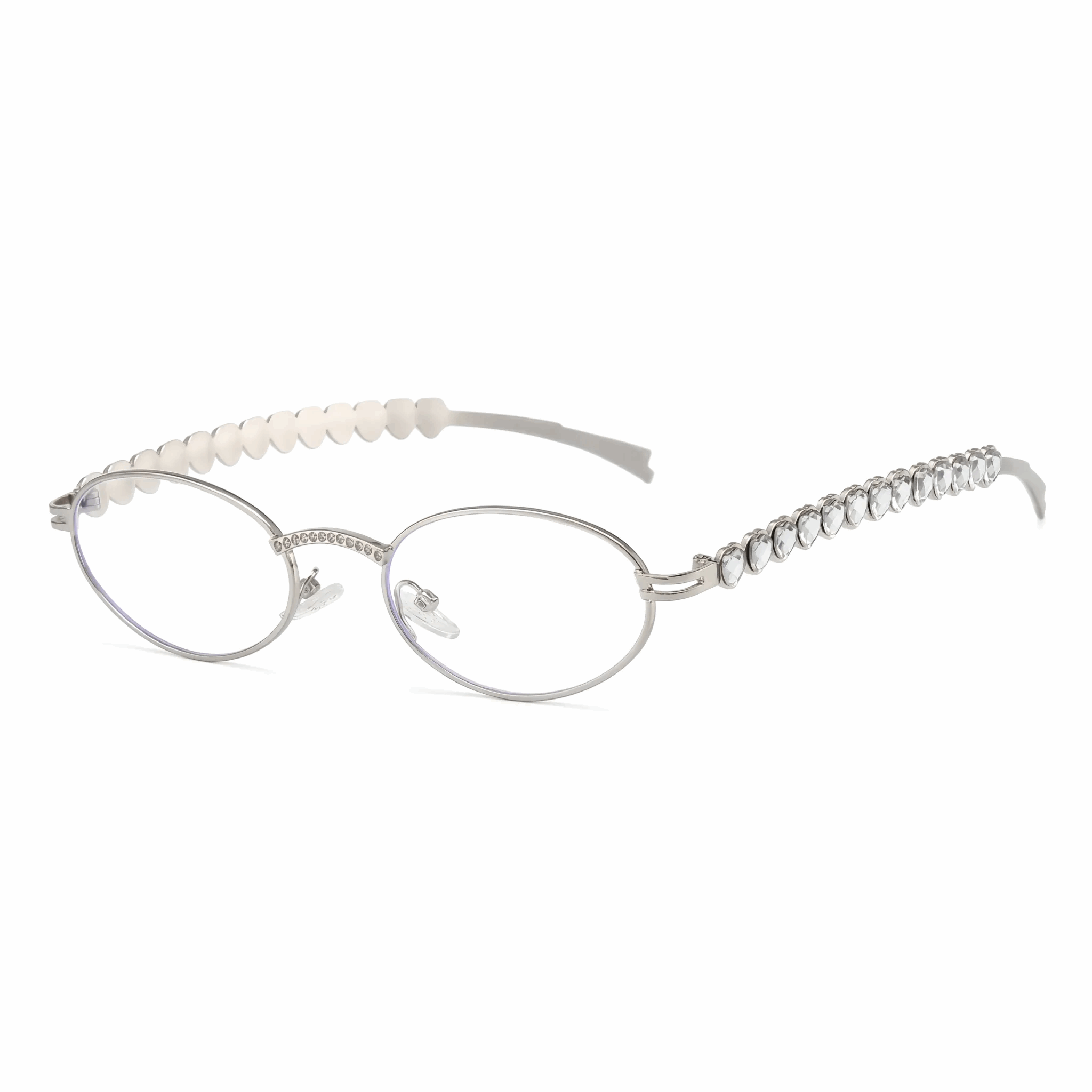 VELOPT-201 sophisticated polished silver oval frames featuring romantic heart pattern temples.